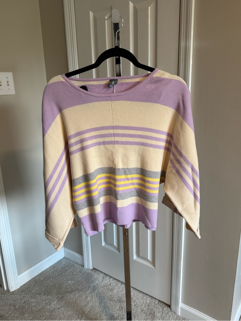 Pastel Striped Boxy Crewneck Sweater - Lavender & Cream